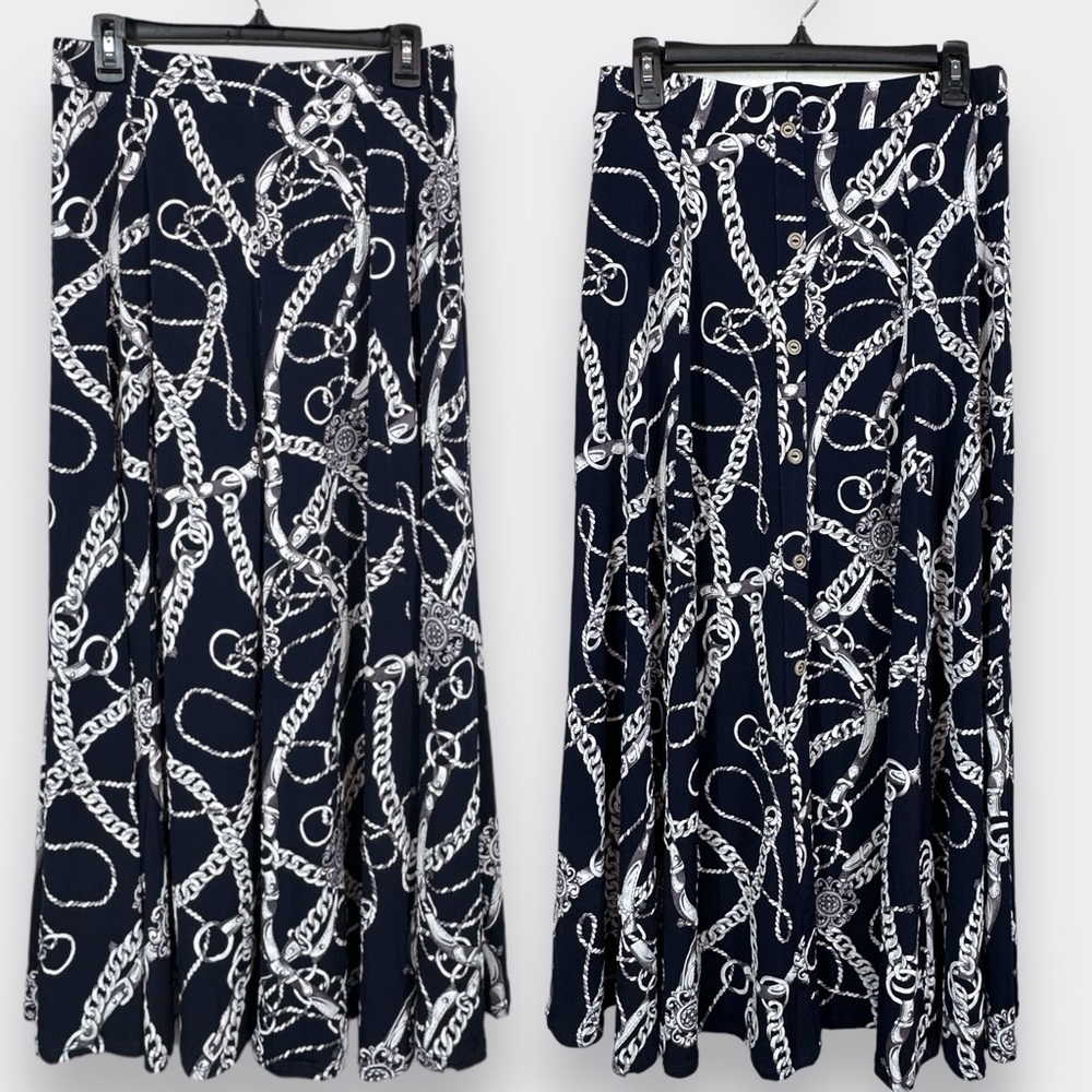 SJS women's full maxi skirt Medium navy blue hermes inspired buttons down front